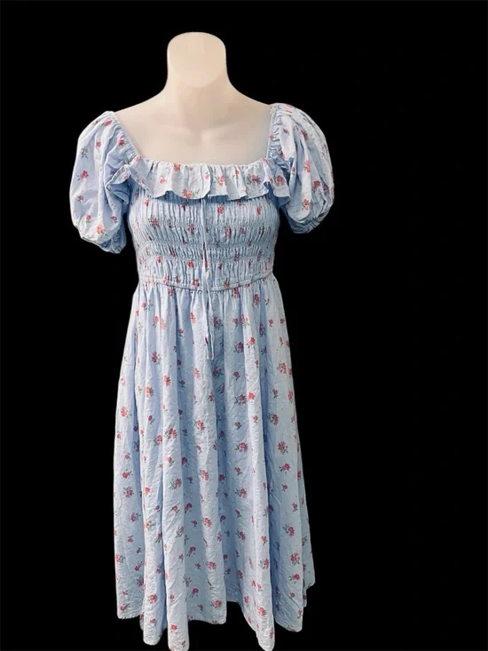 R Vivimos Blue Floral Cottagecore Dress Large 12 14 Milkmaid Puff Sleeve Smocked - Picture 6 of 9